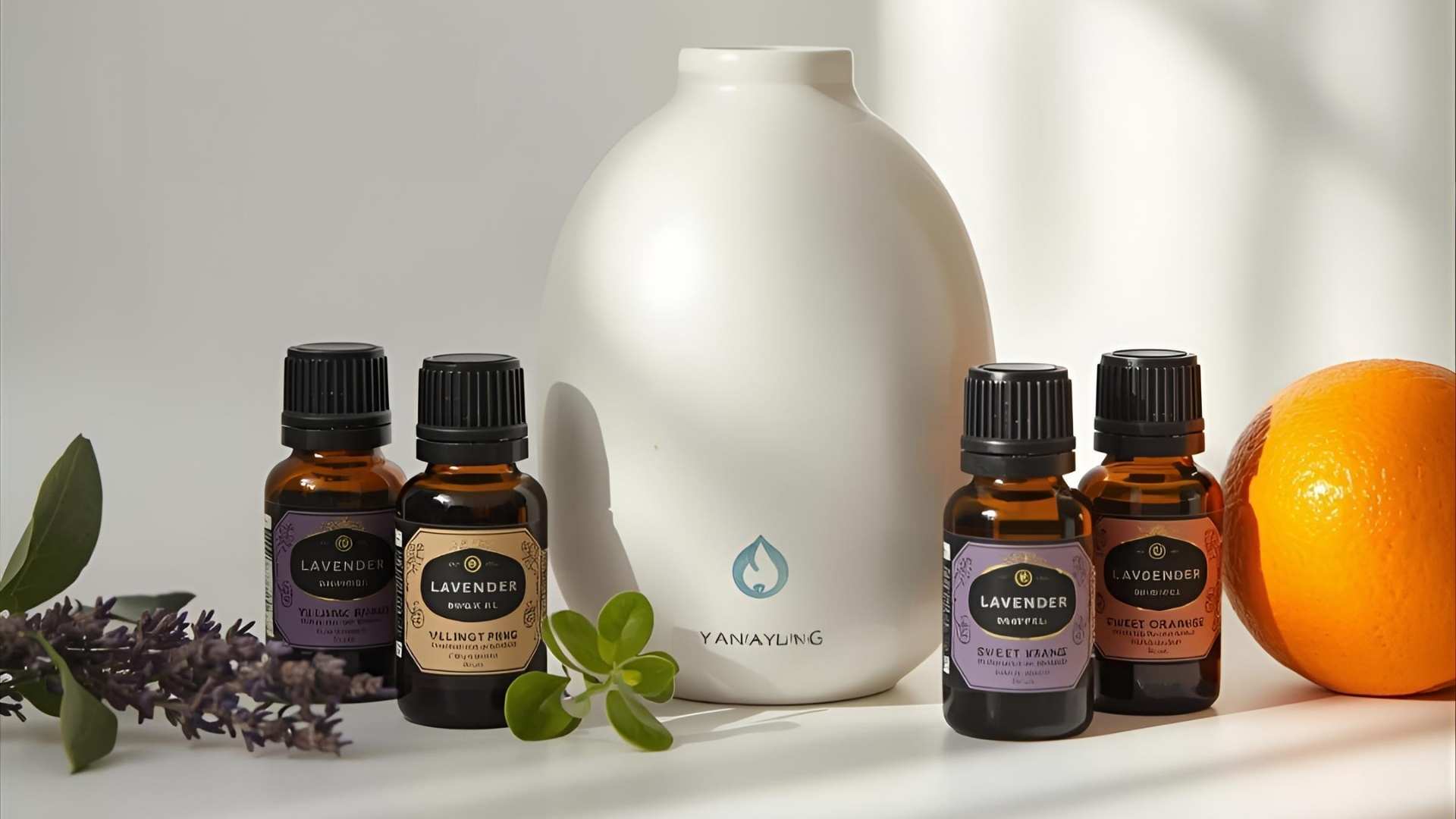 Diffuseur d'huiles essentielles posé sur une table en bois avec des flacons d'huiles essentielles et une plante verte en arrière-plan