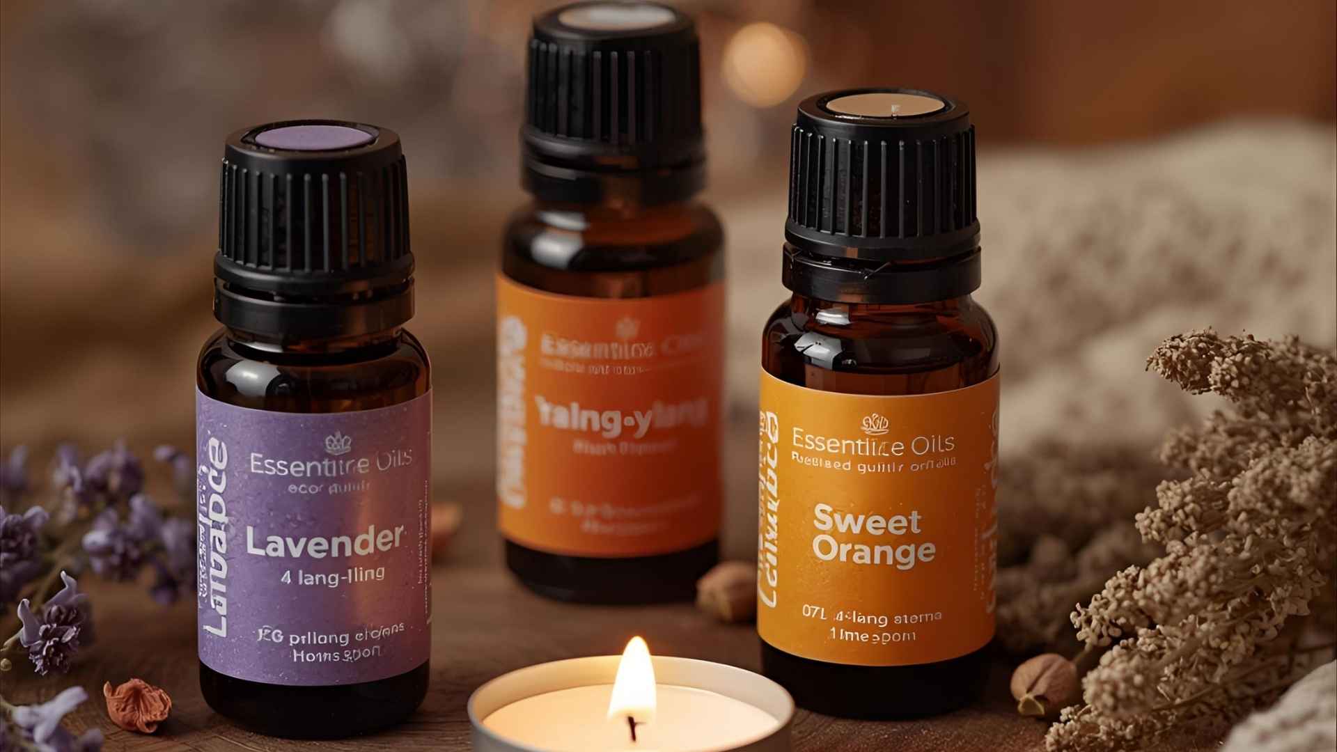 Flacons d'huiles essentielles de lavande, ylang-ylang et orange douce posés sur une table avec des fleurs séchées