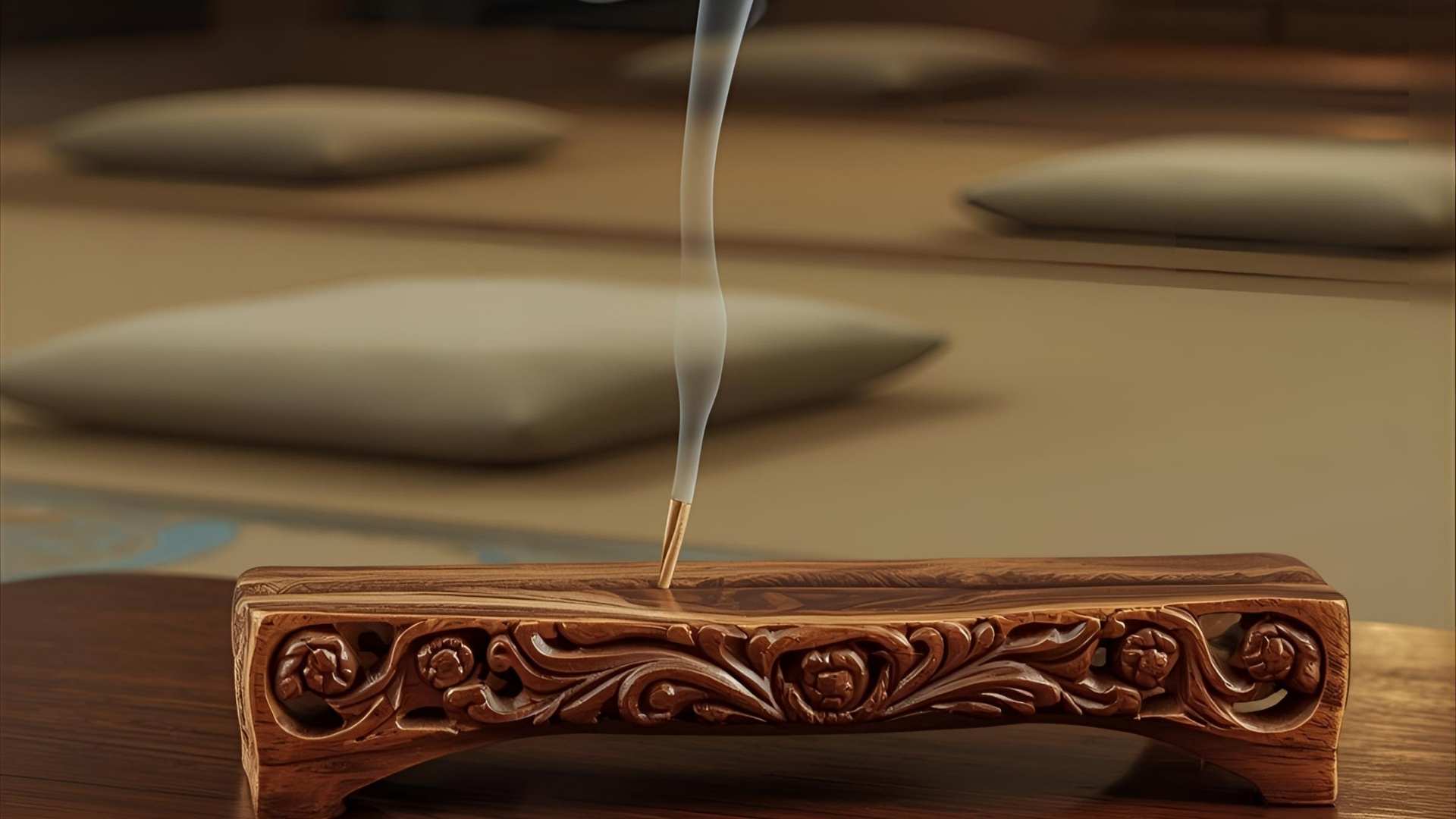 Bâtonnets d’encens allumés dégageant une fumée légère, posés sur un porte-bâtonnet en bois dans un salon zen