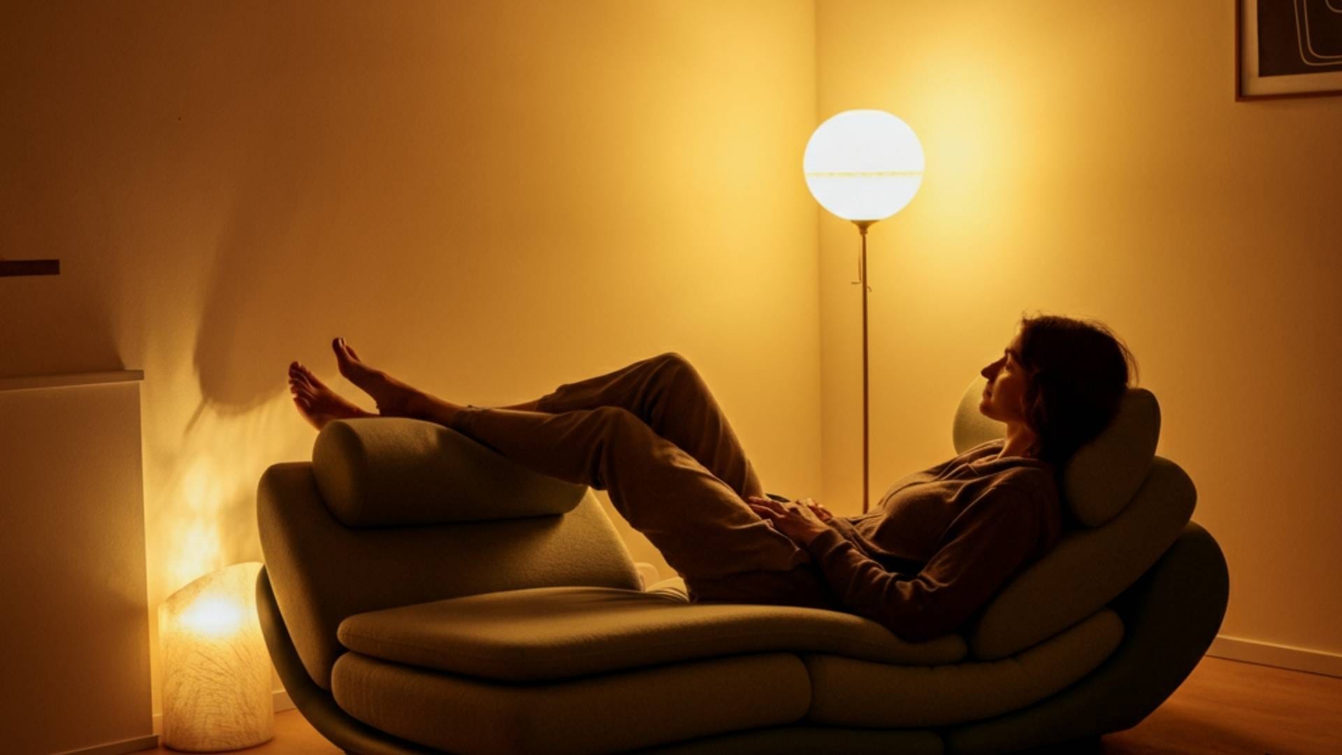 Personne allongée sur un canapé relax, jambes surélevées, profitant d’un moment de détente après une journée stressante