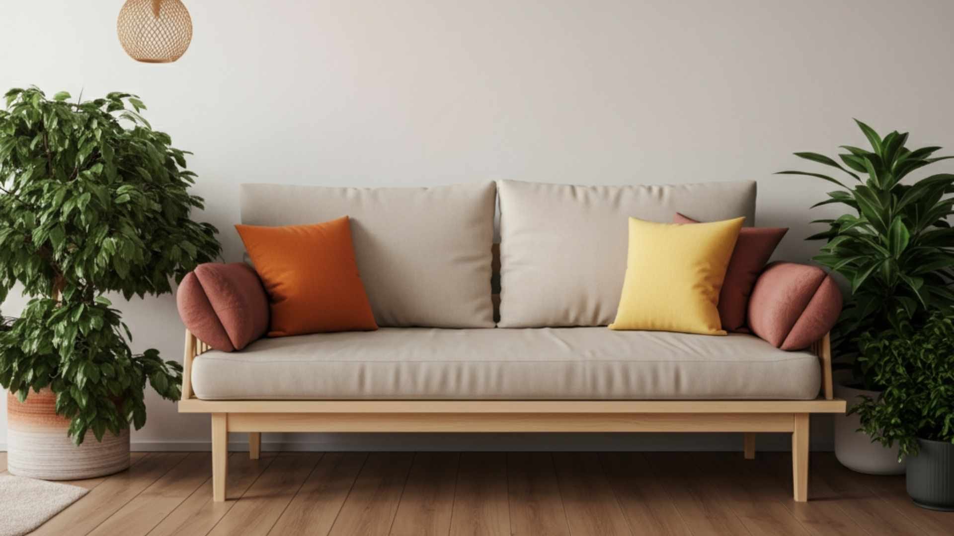 Espace zen avec un canapé relax, tapis moelleux, coussins colorés et plantes vertes pour une ambiance apaisante