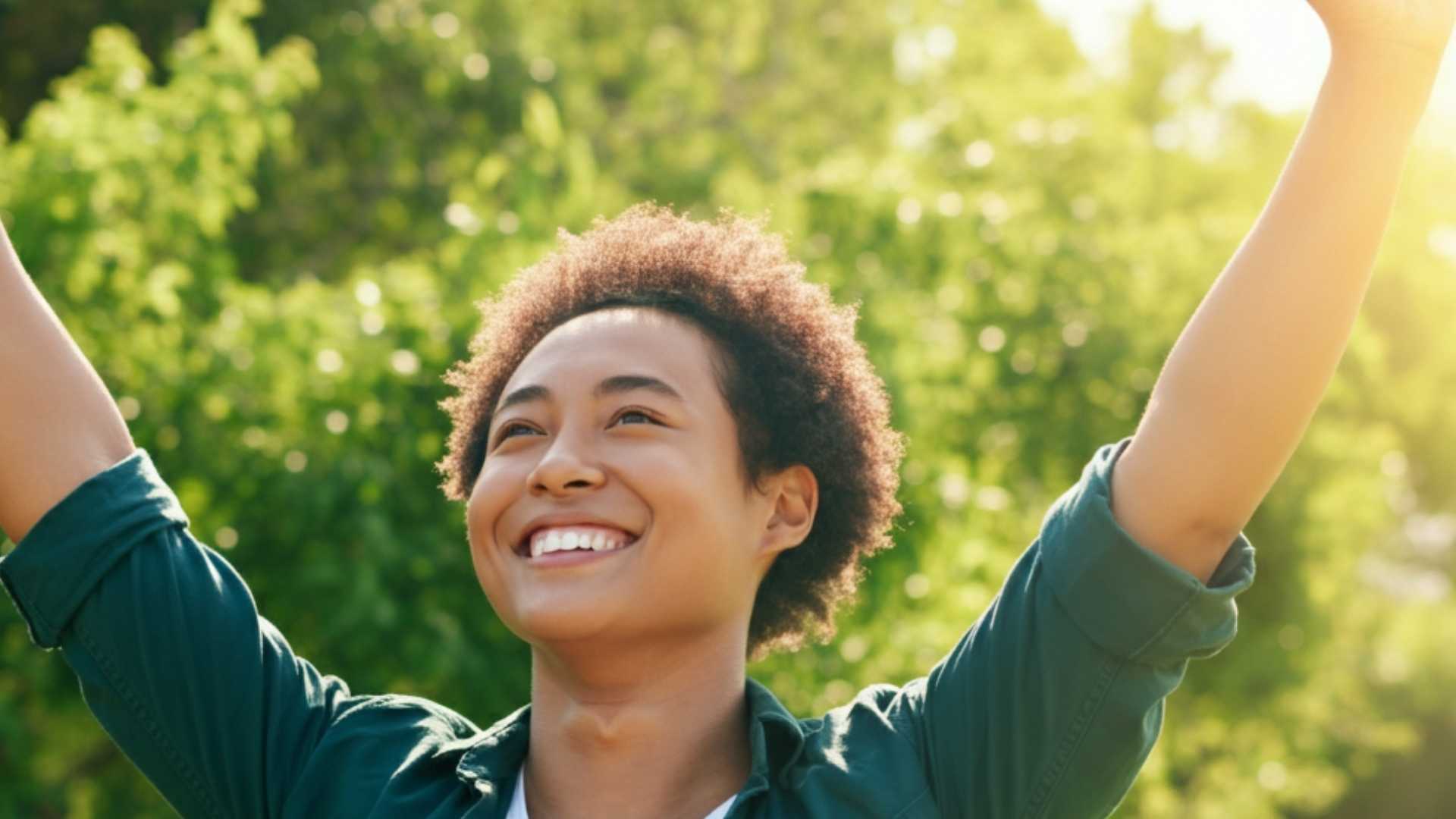 Une personne souriante, bras levés dans un parc ensoleillé, symbolisant la liberté et le bonheur après avoir arrêté de fumer